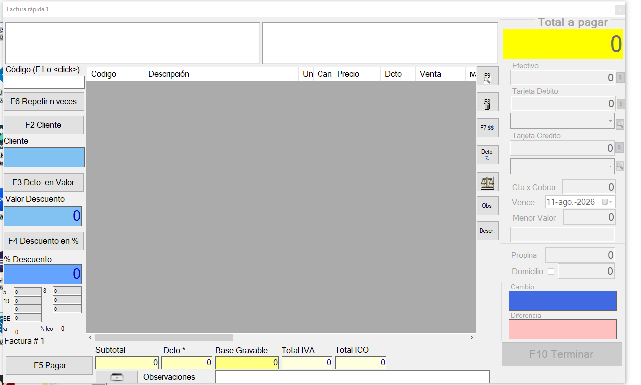 Pantalla de factura rápida del software HandelPos